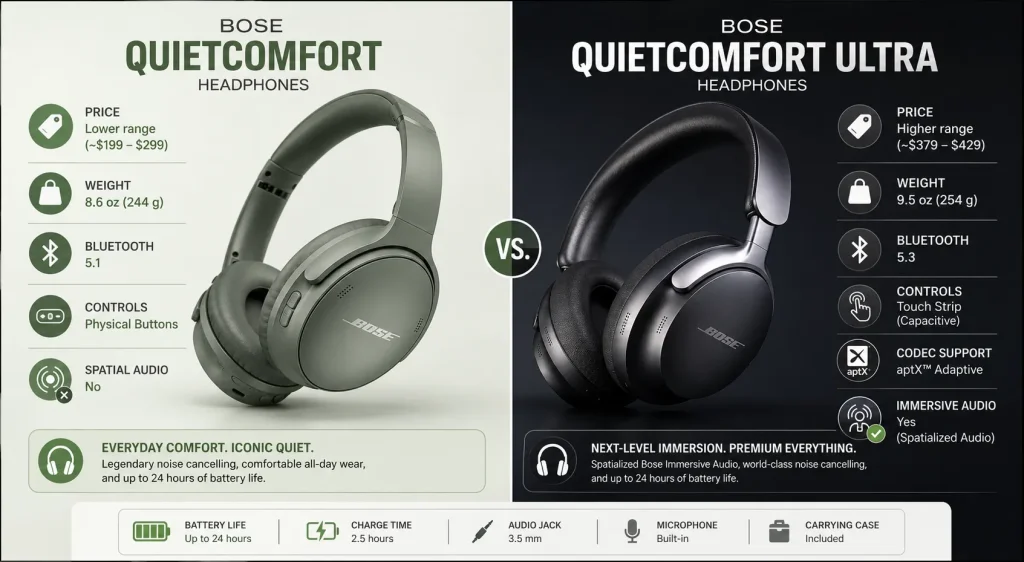 bose quietcomfort vs quietcomfort ultra, bose qc vs ultra, bose quietcomfort ultra vs quietcomfort, best noise cancelling headphones 2026, bose quietcomfort headphones review, bose quietcomfort ultra review, bose premium headphones comparison, bose spatial audio, aptx adaptive headphones, quietcomfort ultra battery life trade off, best travel headphones 2026, bose quietcomfort vs ultra comfort difference, active noise cancellation comparison, iphone vs android bose headphones, bose quietcomfort street price discounts