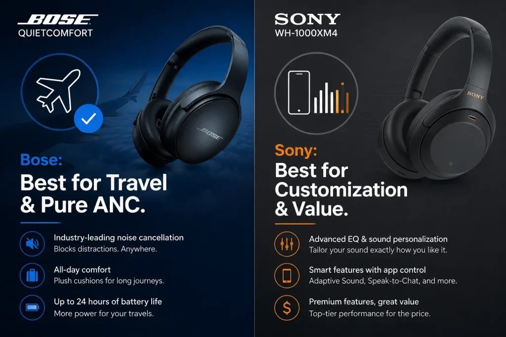 bose quietcomfort vs sony wh-1000xm4, bose vs sony headphones, best noise cancelling headphones, sony wh-1000xm4 review, bose quietcomfort headphones review, sony wh-1000xm4 vs bose quietcomfort, over ear noise cancelling headphones, premium wireless headphones, best headphones for travel, active noise cancellation comparison, sony wh-1000xm4 sound quality, bose quietcomfort comfort, ldac vs aac codec, best headphones for commuting, comfortable over ear headphones
