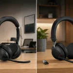 Jabra Evolve2 55, Jabra Evolve2 65, Jabra Evolve2 55 vs Evolve2 65 comparison, best enterprise wireless headset, Bluetooth office headsets, Jabra Link 380 Bluetooth adapter, Microsoft Teams certified variant, Unified Communications headset, Zoom certified headphone, Active Noise Cancellation, Passive Noise Cancellation, Jabra Air Comfort technology, 28mm custom speakers, 40mm leak-tolerant drivers, 4-microphone array, 3-microphone boom array, analog MEMS microphone, digital MEMS capsule, background noise suppression, speech-separating noise-cancelling algorithm, flip-to-mute boom arm, multi-device pairing, Bluetooth multipoint connection, Bluetooth 5.2, Bluetooth 5.0, Advanced Audio Coding, Sub-band Coding, AAC support, SBC codec, 37-hour battery life, 16-hour talk time, fast charge 15 minutes, charging stand cradle, desk stand docking, on-ear headband form factor, supra-aural design, leatherette ear cushions, perforated memory foam, structural clamping force, skull fatigue, crown pressure, head spots friction, earcup heat build-up, integrated 360 busylight, Jabra SafeTone protection, PeakStop audio gates, Jabra Direct software, Jabra Sound+ app, Jabra Xpress, hybrid work environment, open plan office distractions, remote work setup, corporate call clarity, soft storage pouch, flat-folding earcups, long working call marathons