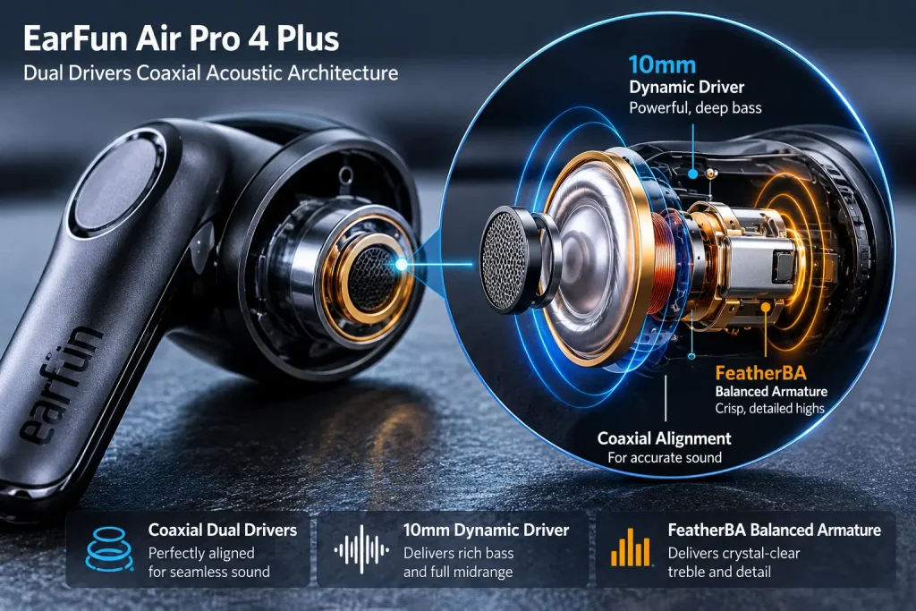 EarFun Air Pro 4 Plus vs Liberty 4 Pro: Which Should You Actually Buy? 4 Macro photo and internal diagram of the EarFun Air Pro 4 Plus dual driver hybrid setup